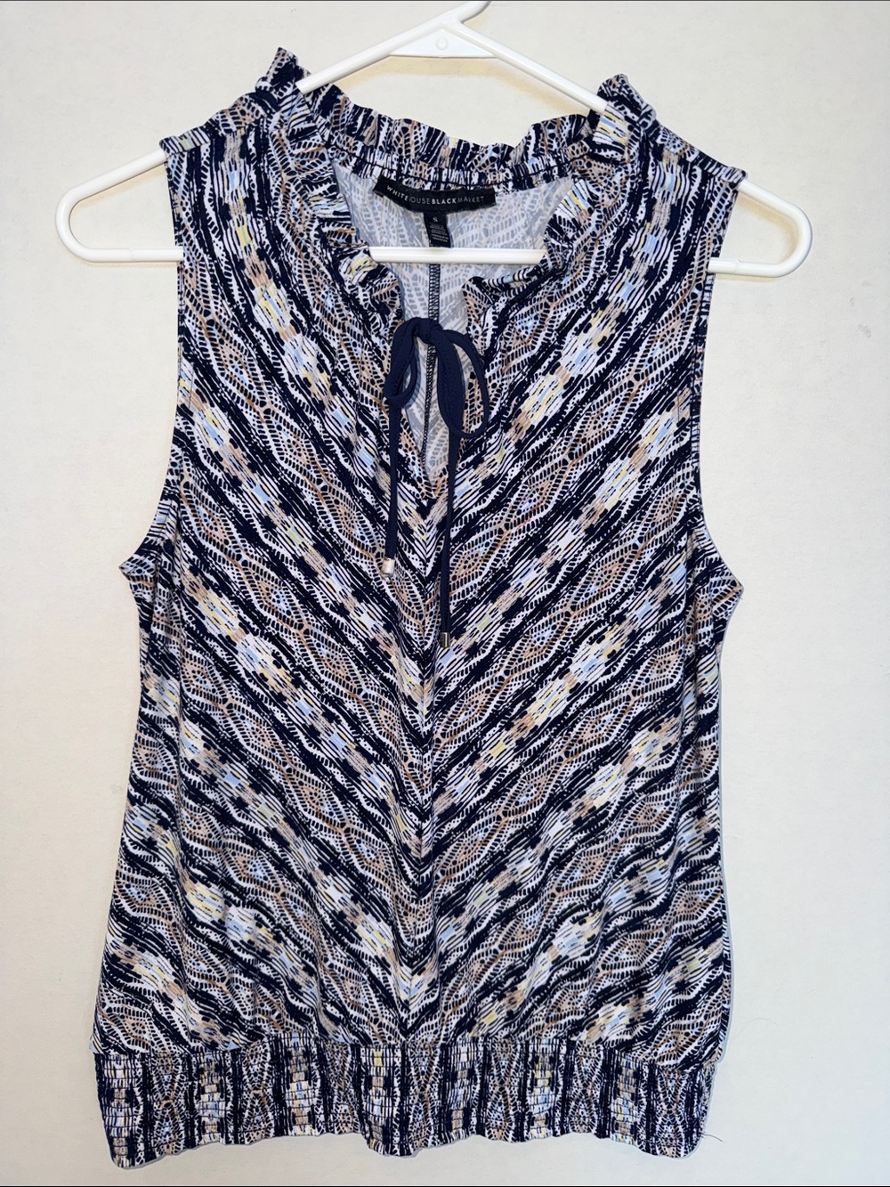 White House Black Market Navy, White & Cream Sleeveless Tie-Neck Print Top